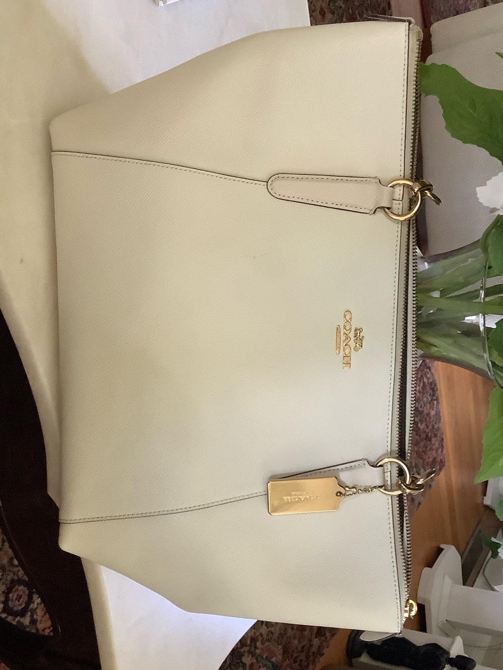 Coach Cream Leather Top-Zip Tote with Gold Hardware